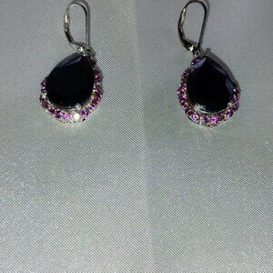 Black tourmaline and rhodolite garnet earrings in sterling silver